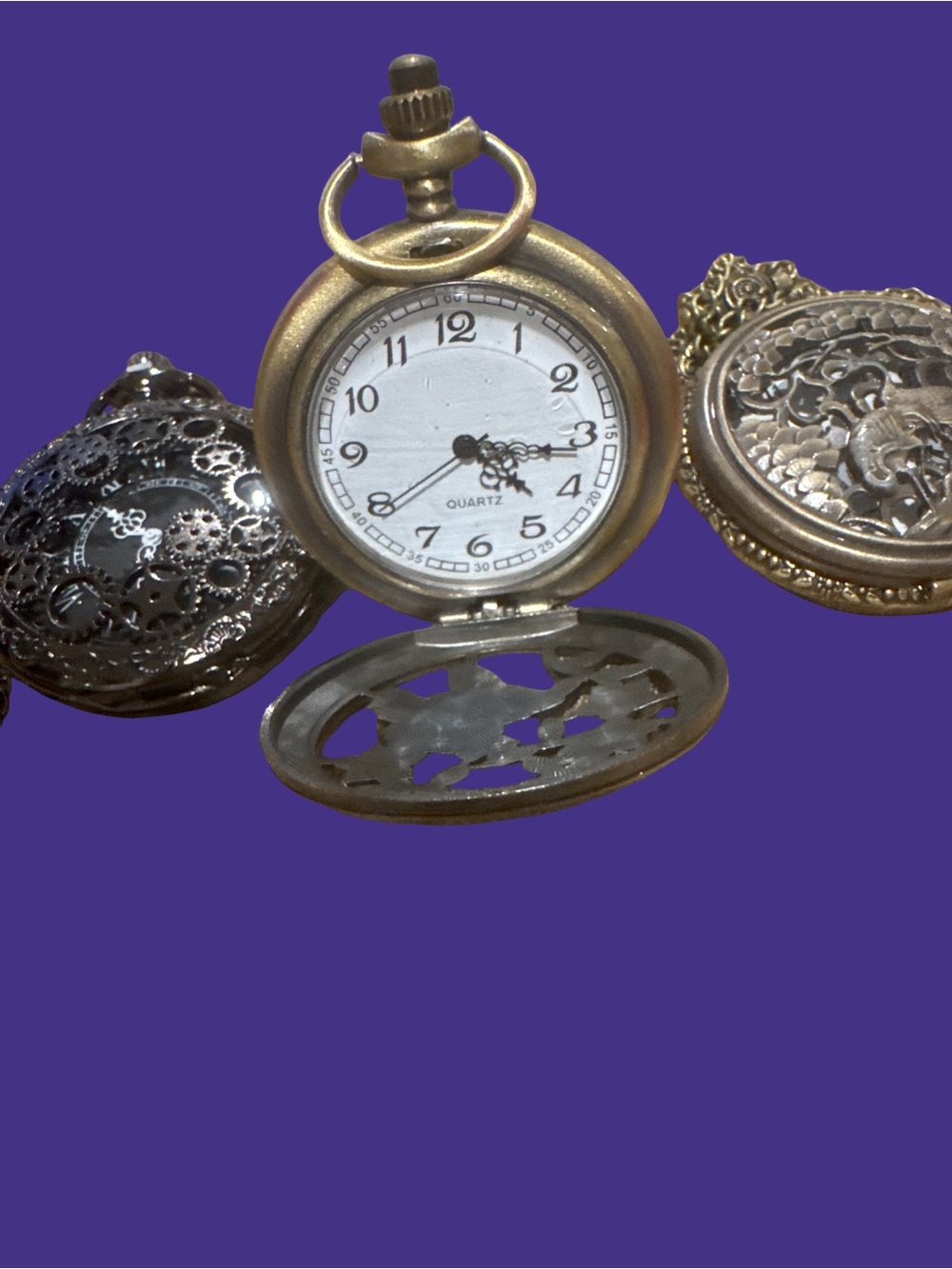 Antique-Style Bronze Pocket Watch Necklace with Butterfly Motif bundle of 3 - Picture 3 of 4